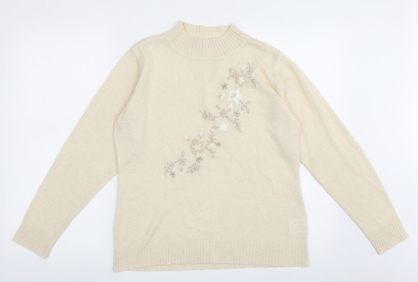 EWM Womens Beige High Neck Floral Acrylic Pullover Jumper Size M