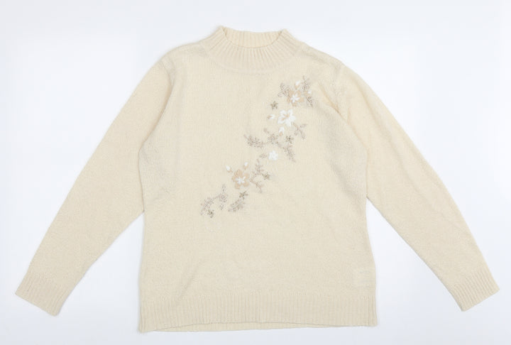 EWM Womens Beige High Neck Floral Acrylic Pullover Jumper Size M