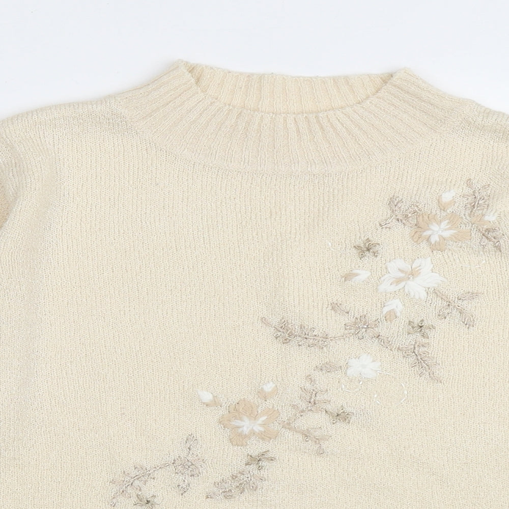 EWM Womens Beige High Neck Floral Acrylic Pullover Jumper Size M
