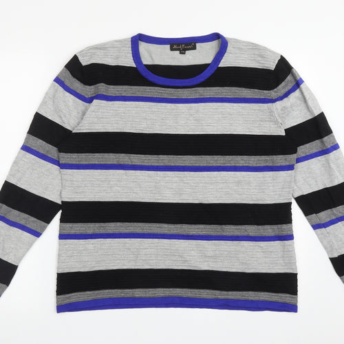 Mud Flowers Womens Grey Crew Neck Striped Viscose Pullover Jumper Size L