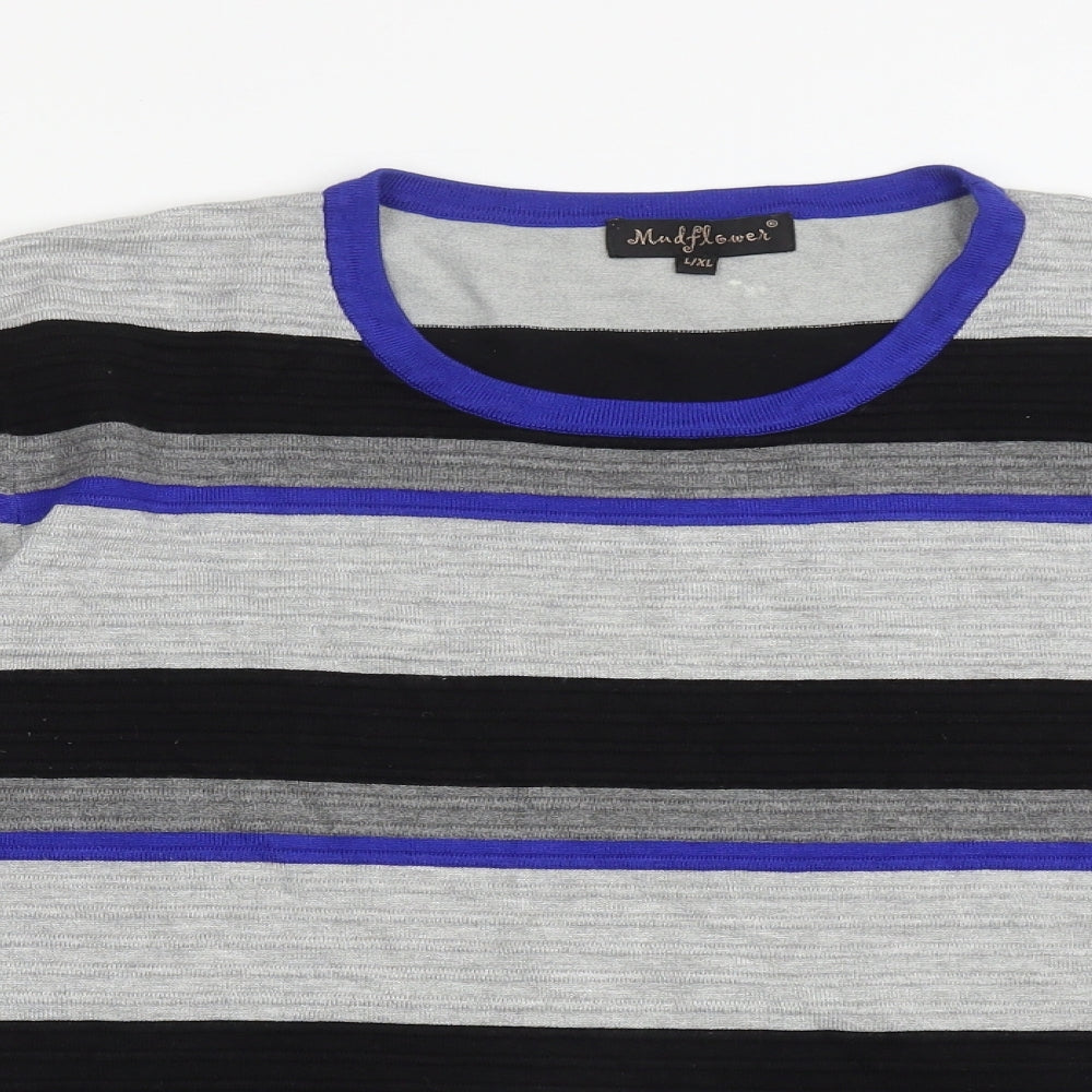 Mud Flowers Womens Grey Crew Neck Striped Viscose Pullover Jumper Size L