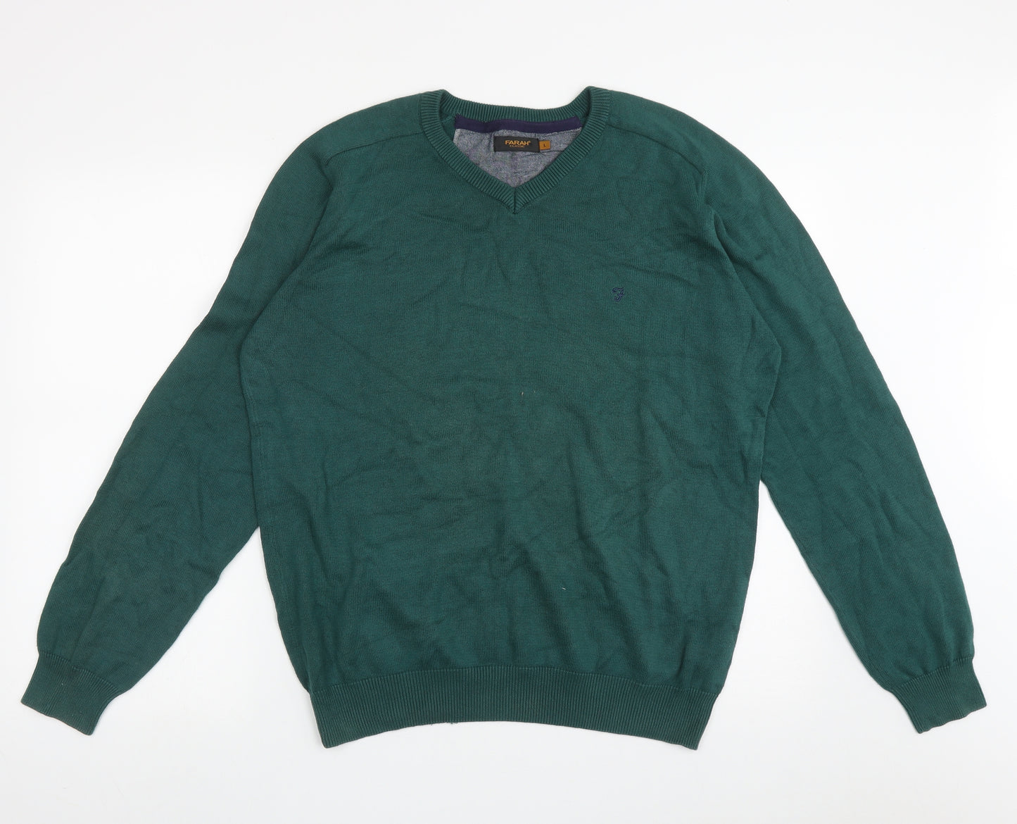 Farah Mens Green V-Neck  Cotton Pullover Jumper Size L