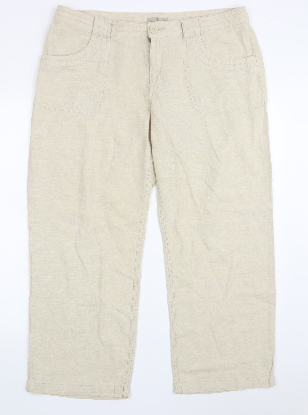 TU Womens Beige  Linen Capri Trousers Size 14 L25 in Regular Button
