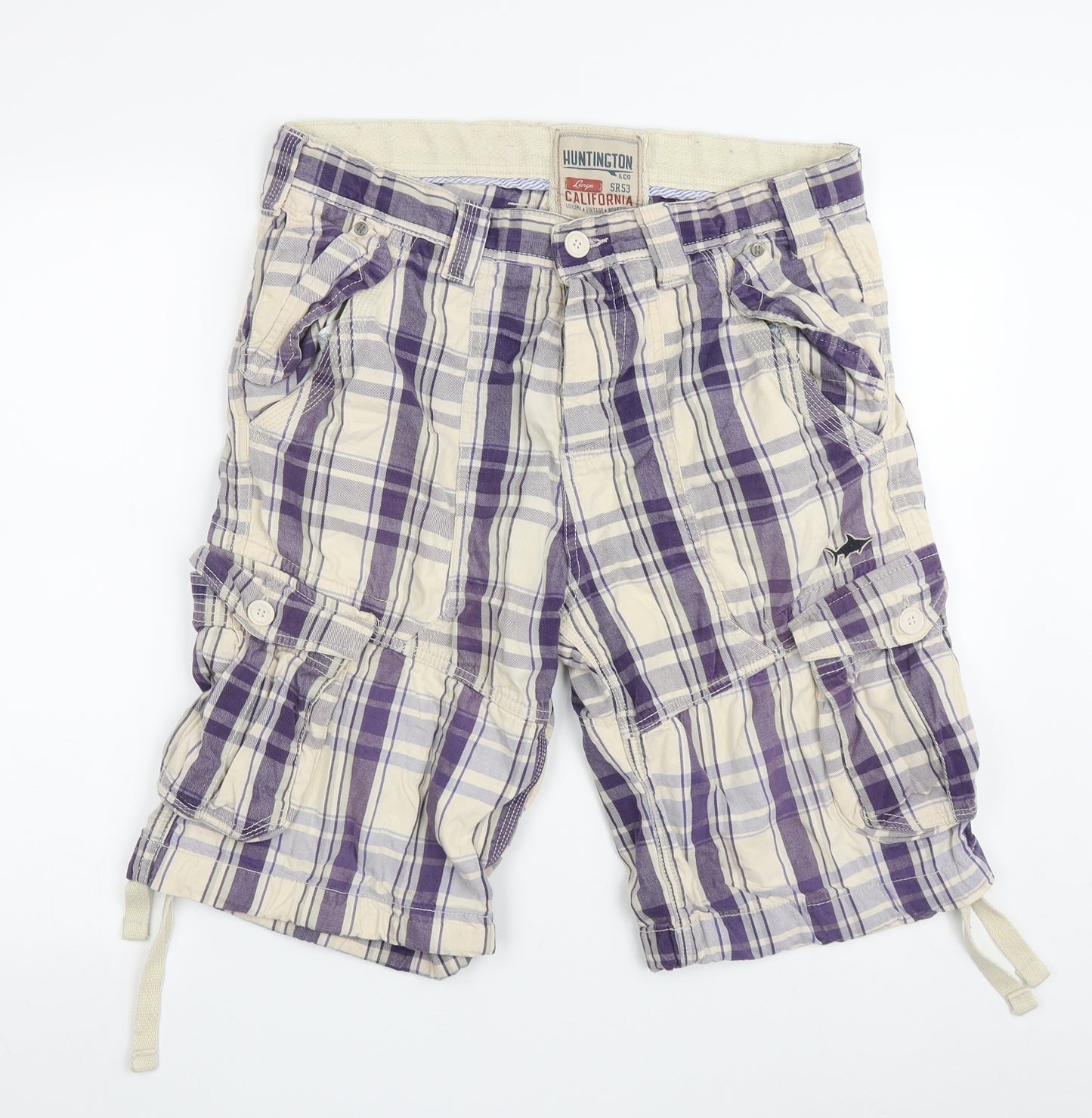 huntington & co Mens Purple Check Cotton Cargo Shorts Size L L11 in Regular Button