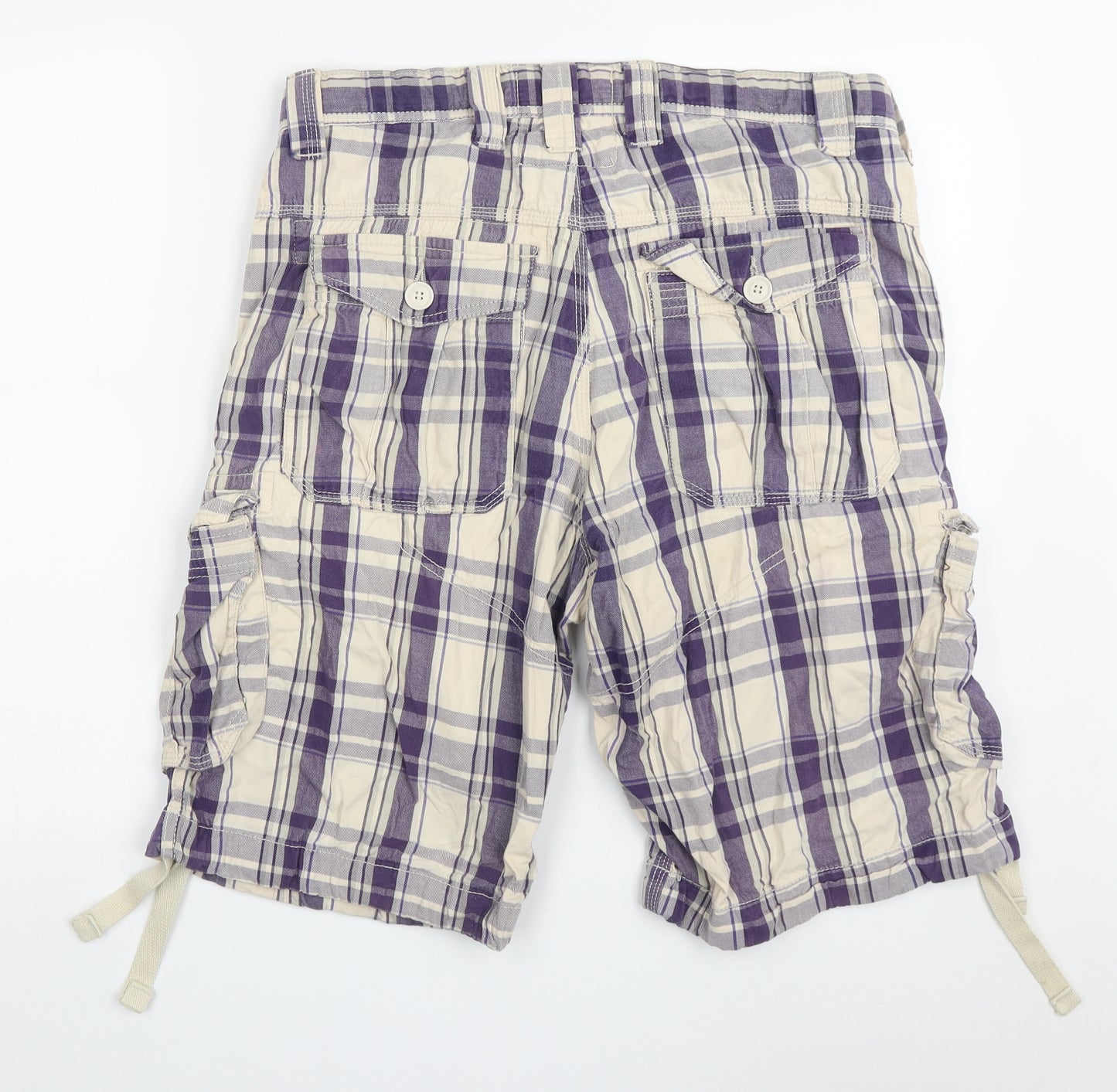 huntington & co Mens Purple Check Cotton Cargo Shorts Size L L11 in Regular Button