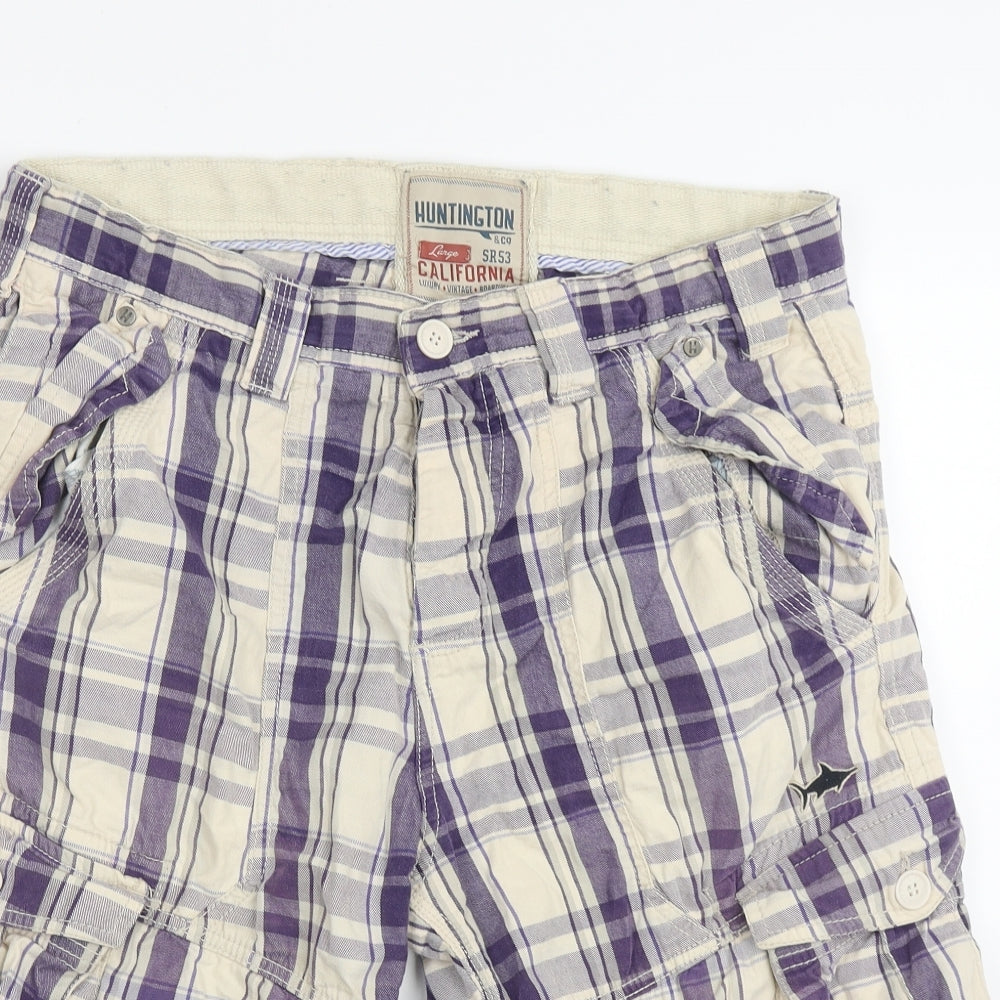 huntington & co Mens Purple Check Cotton Cargo Shorts Size L L11 in Regular Button