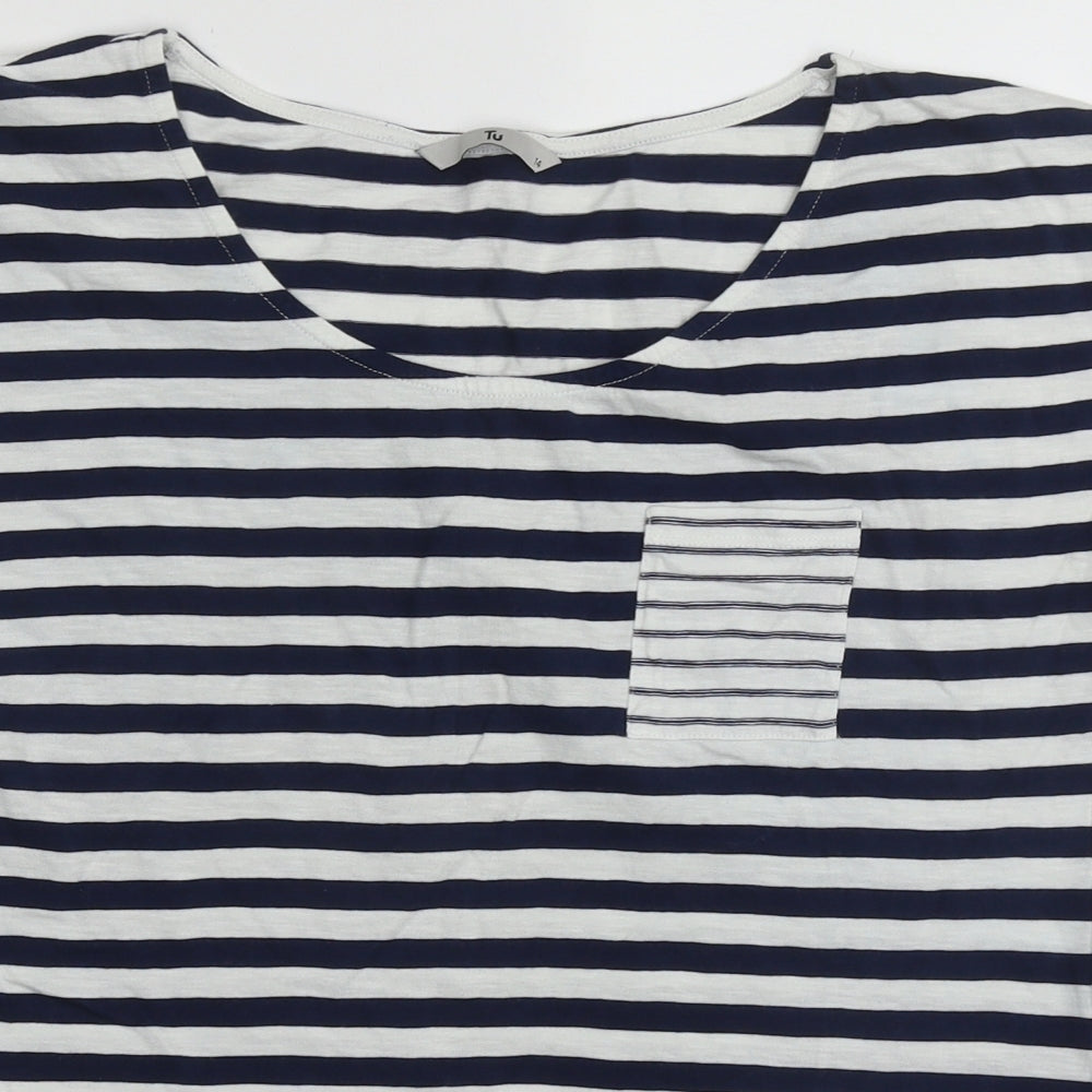 TU Womens Blue Striped Cotton Basic T-Shirt Size 14 Crew Neck