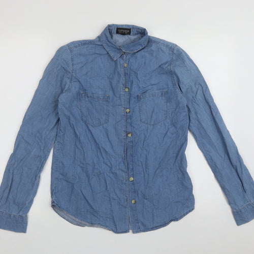 Topshop Womens Blue  Cotton Basic Button-Up Size 8 Collared