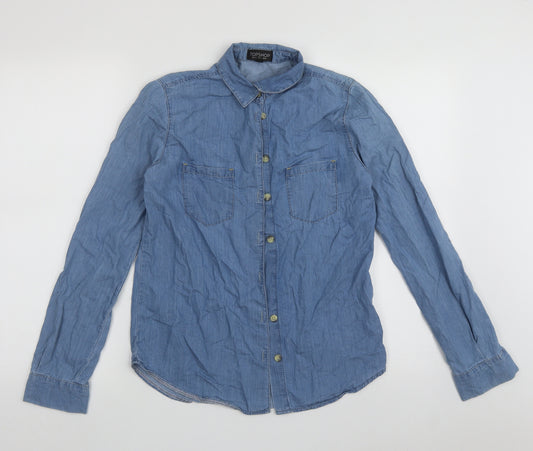 Front view of Topshop women’s blue cotton basic button-up, size UK 8, collared