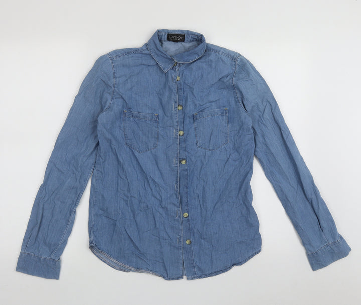 Topshop Womens Blue  Cotton Basic Button-Up Size 8 Collared