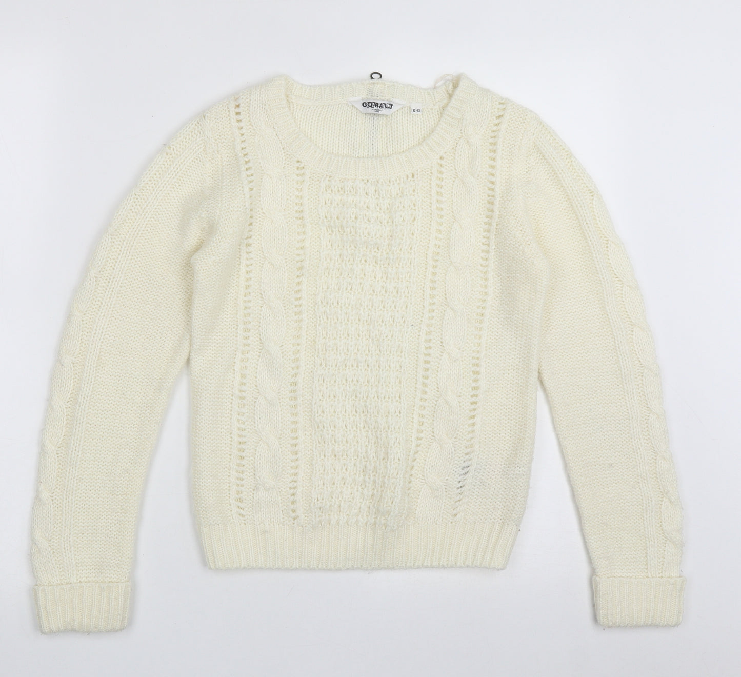 Generation New Look Girls White Crew Neck Geometric Acrylic Pullover Jumper Size 12-13 Years  Zip