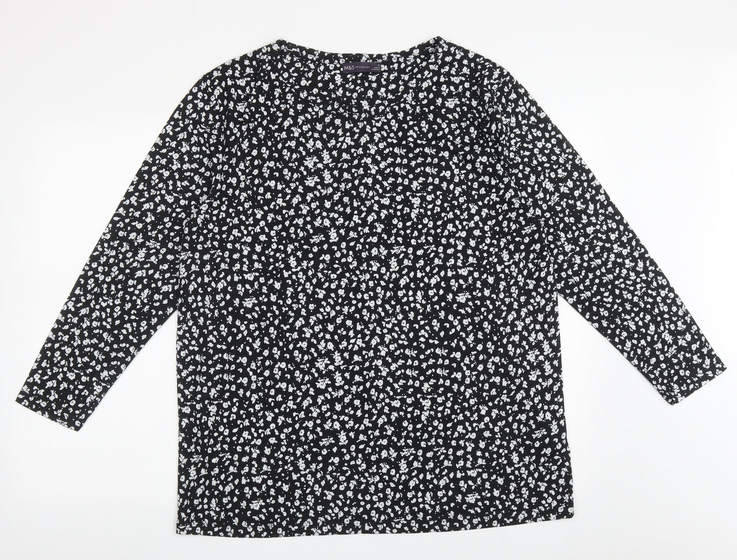 Marks and Spencer Womens Black Floral Polyester Tunic Blouse Size 16 Crew Neck