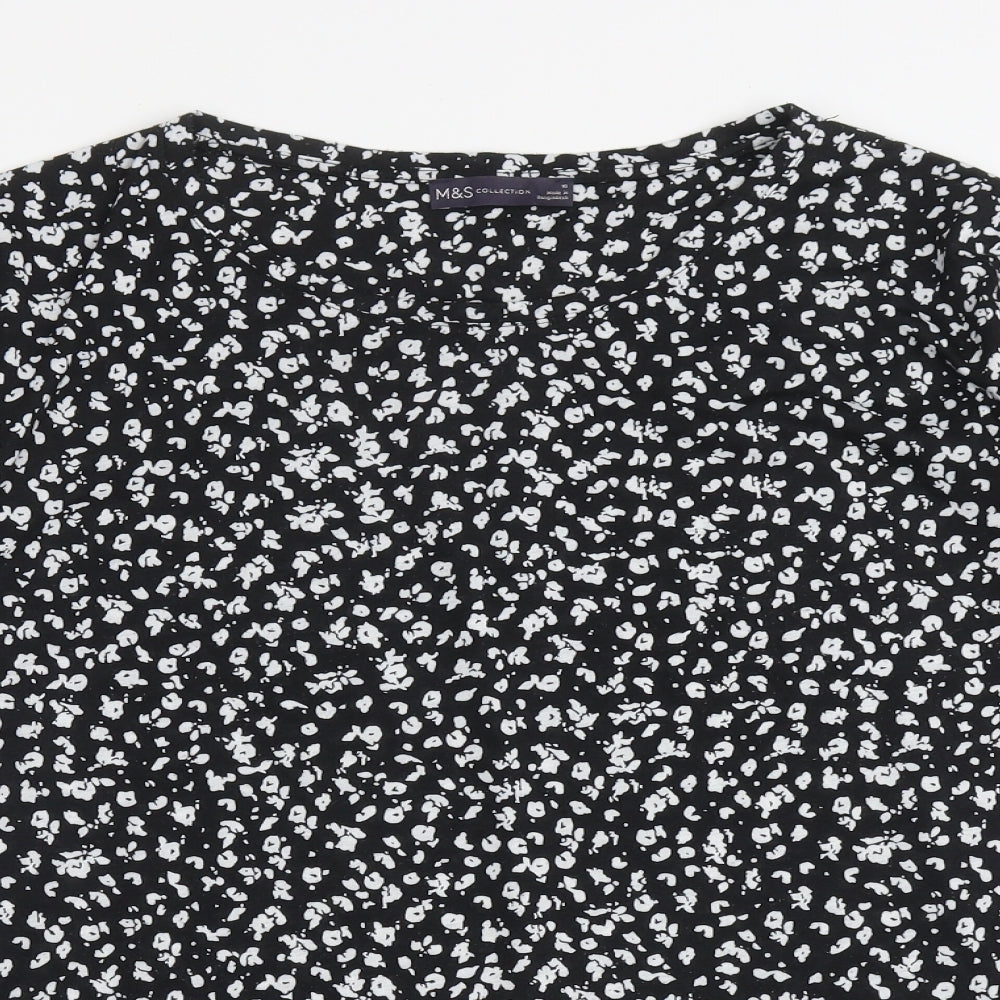 Marks and Spencer Womens Black Floral Polyester Tunic Blouse Size 16 Crew Neck