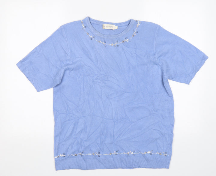Bonmarché Womens Blue Round Neck Floral Acrylic Pullover Jumper Size L