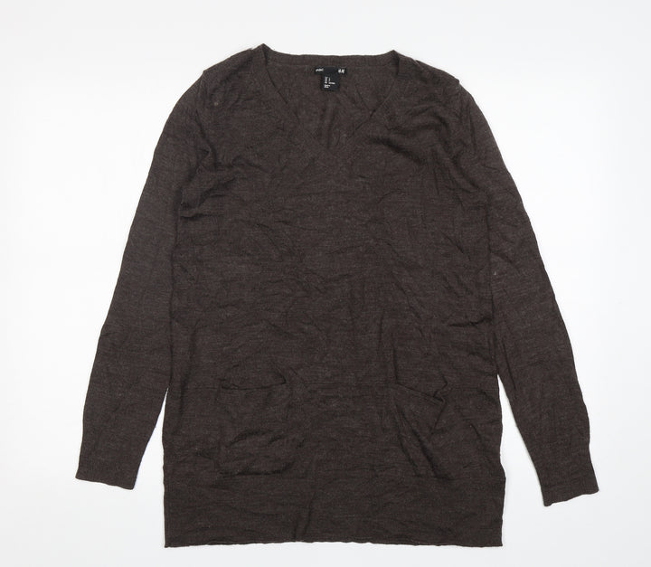 H&M Womens Brown V-Neck  Acrylic Pullover Jumper Size S