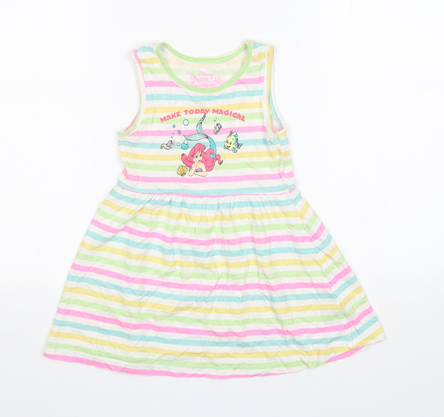 Primark Girls Multicoloured Striped Cotton A-Line  Size 4-5 Years  Round Neck  - Little Mermaid