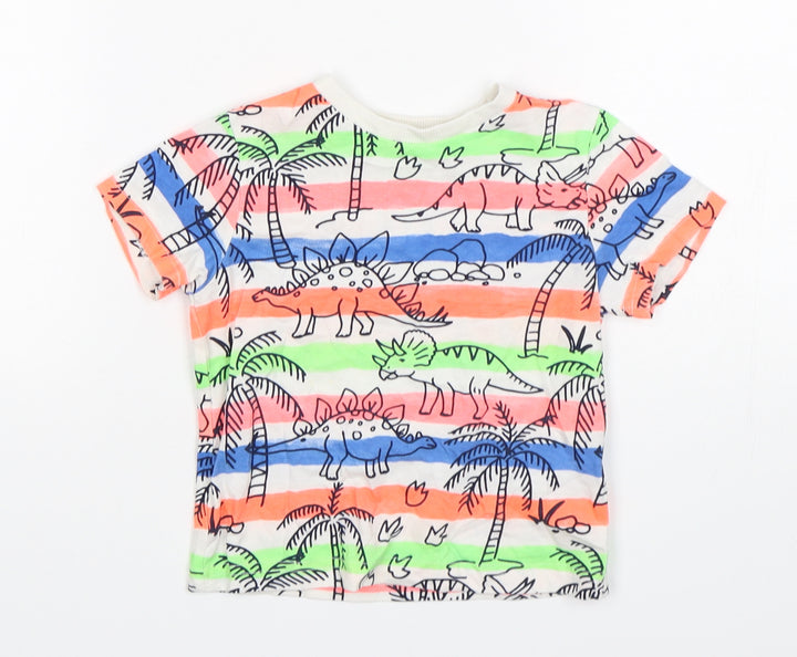 F&F Boys Multicoloured Striped Cotton Basic T-Shirt Size 12-18 Months Round Neck - Dinosaurs