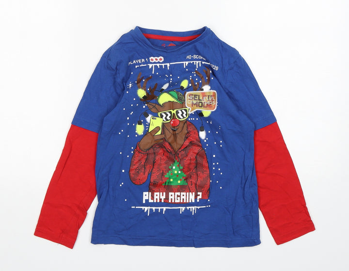 F&F Boys Multicoloured Cotton Basic T-Shirt Size 6-7 Years Round Neck - Christmas