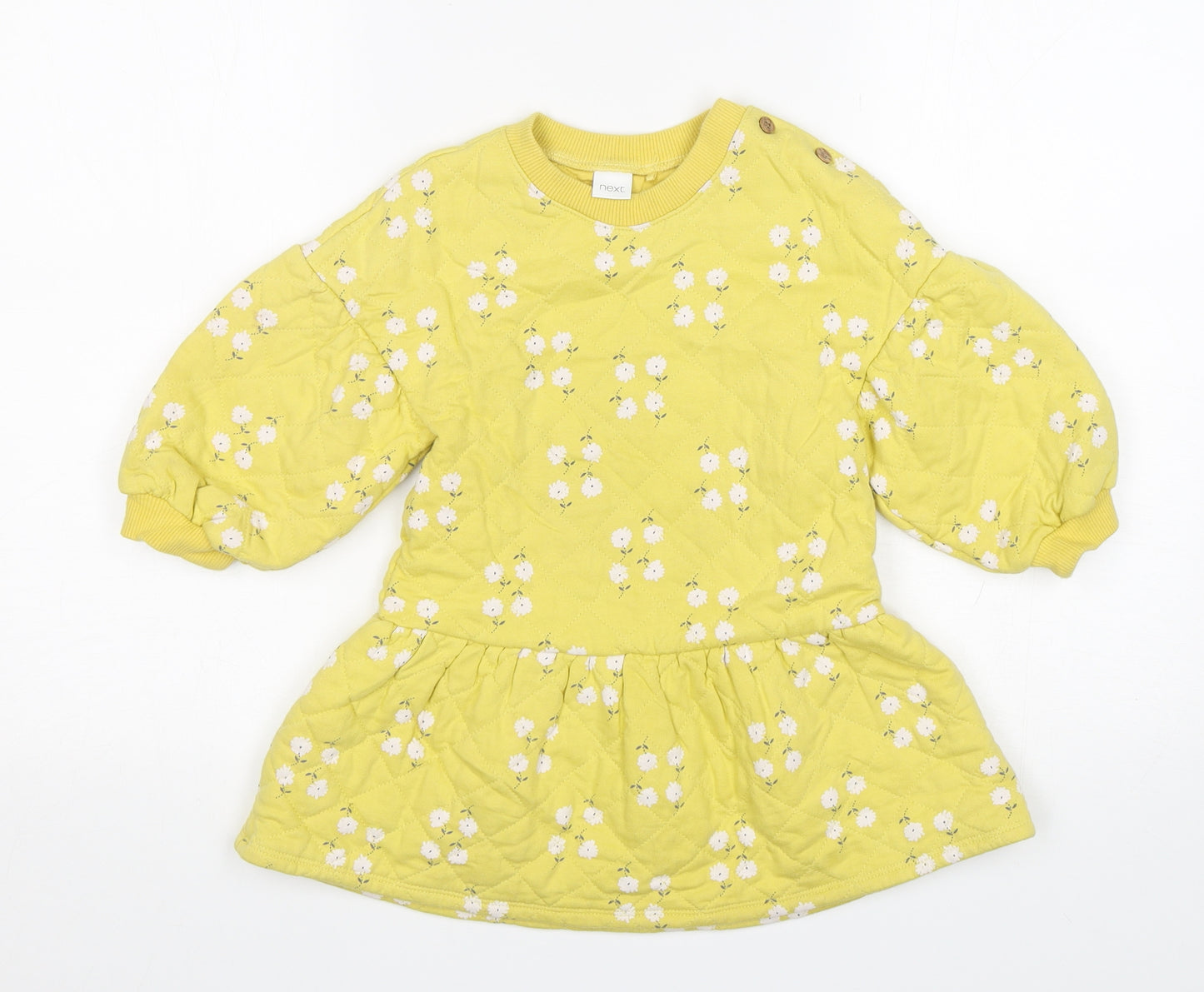 NEXT Girls Yellow Floral Cotton Jumper Dress  Size 3-4 Years  Round Neck