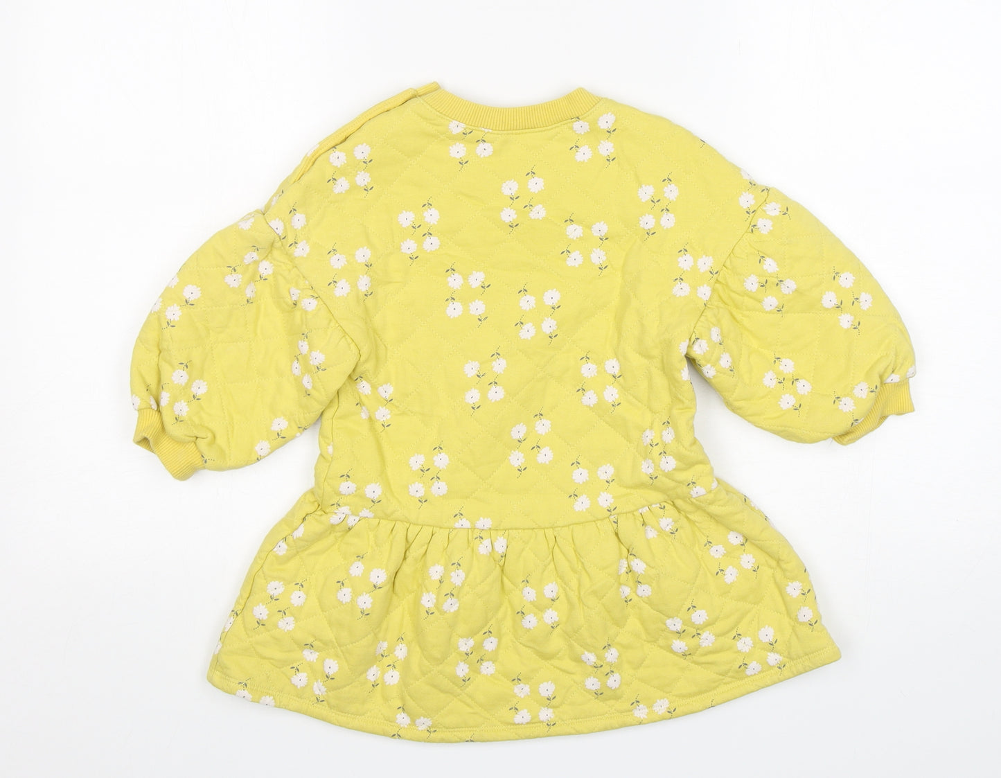 NEXT Girls Yellow Floral Cotton Jumper Dress  Size 3-4 Years  Round Neck