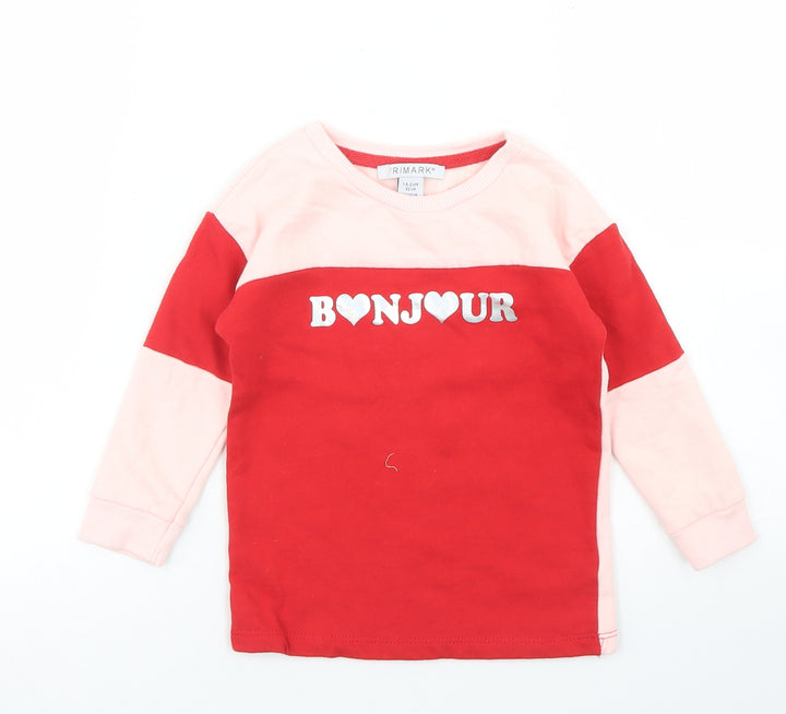Primark Girls Pink Colourblock Cotton Pullover T-Shirt Size 18-24 Months Crew Neck