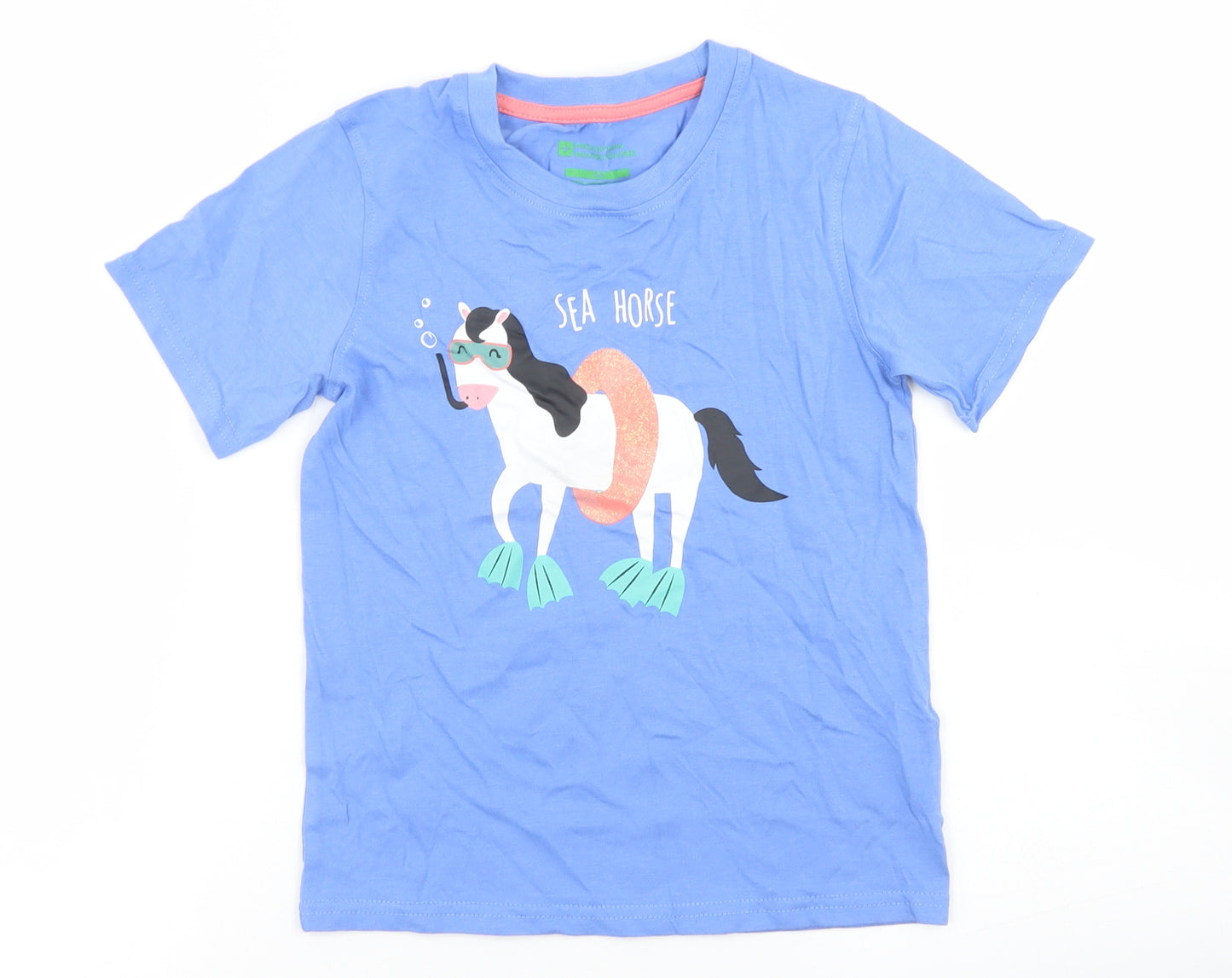 Mountain Warehouse Girls Blue  Cotton Basic T-Shirt Size 5-6 Years Crew Neck  - Sea Horse