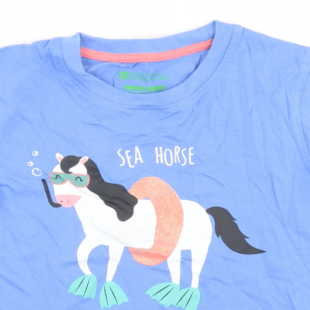 Mountain Warehouse Girls Blue  Cotton Basic T-Shirt Size 5-6 Years Crew Neck  - Sea Horse