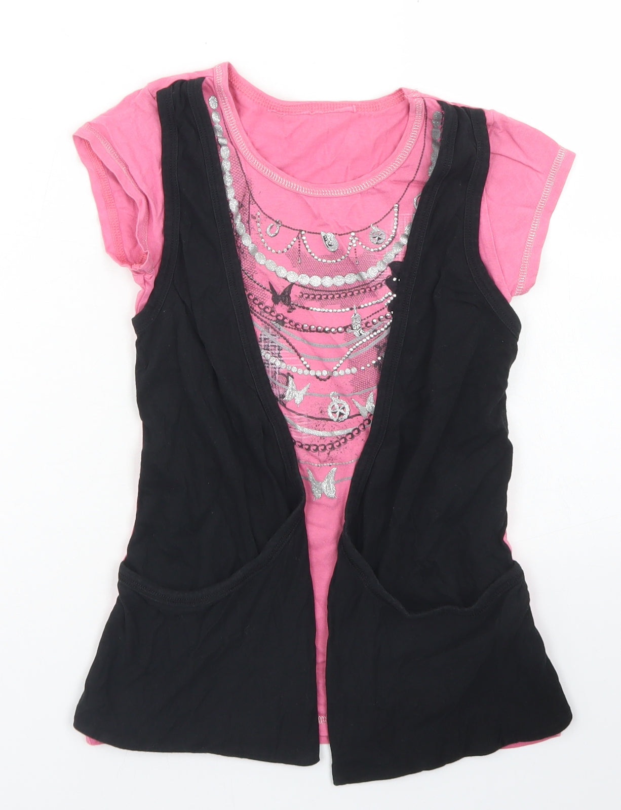 Matalan Girls Pink  Cotton Basic T-Shirt Size 8-9 Years Crew Neck  - Attached Waistcoat