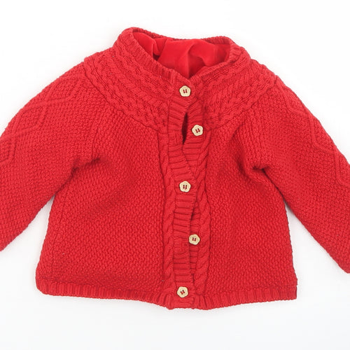 TU Girls Red  Cotton Cardigan Jumper Size 6-9 Months  Button - Fleece Lining