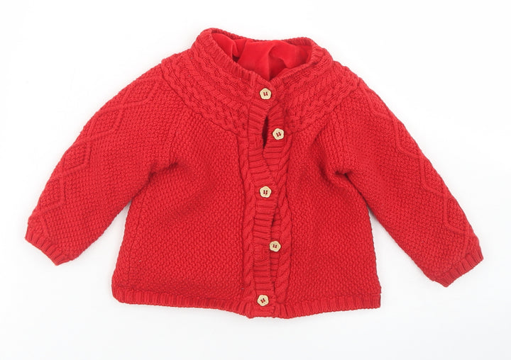 TU Girls Red Cotton Cardigan Jumper Size 6-9 Months Button - Fleece Lining