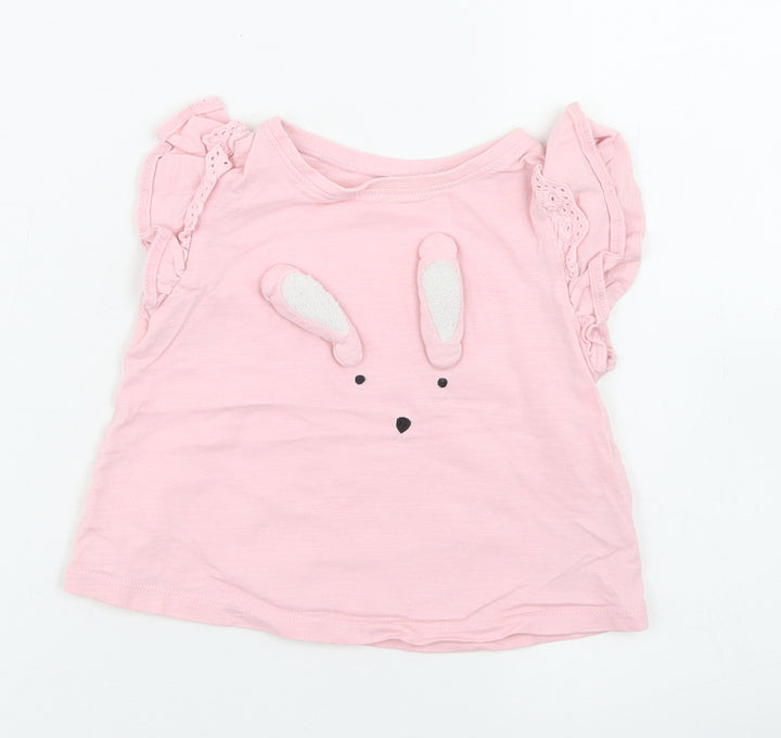 NEXT Girls Pink  Cotton Basic T-Shirt Size 9-12 Months Crew Neck  - rabbit