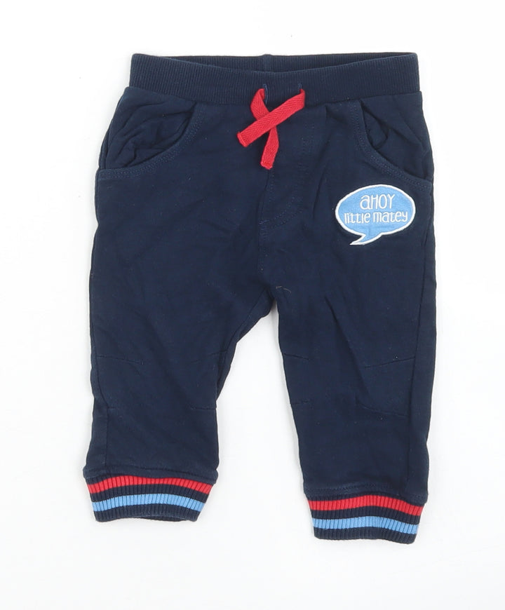 Crafted Boys Blue  Cotton Jogger Trousers Size 9-12 Months  Drawstring