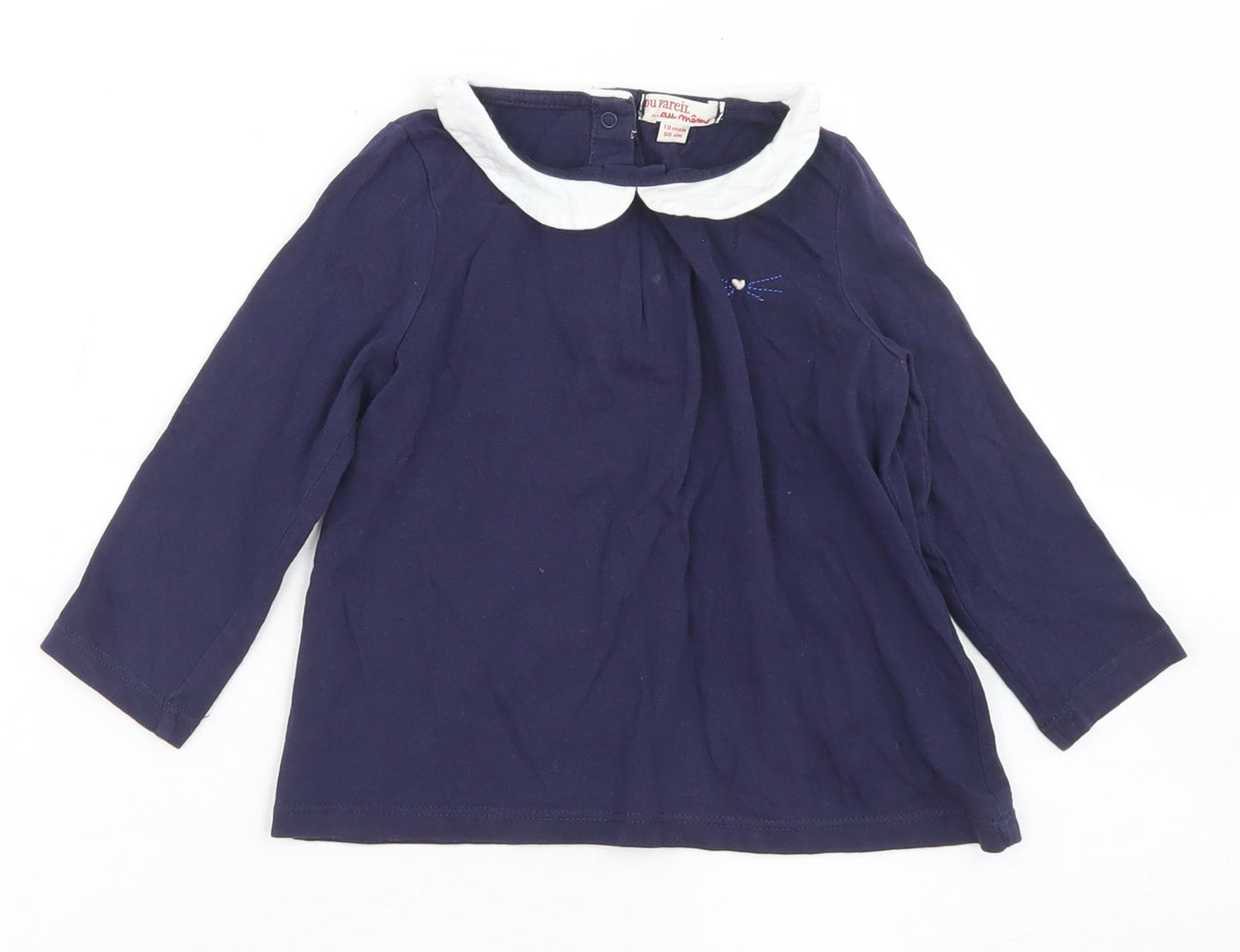 Ou Pareil Girls Blue  Cotton Basic T-Shirt Size 18-24 Months Collared Snap