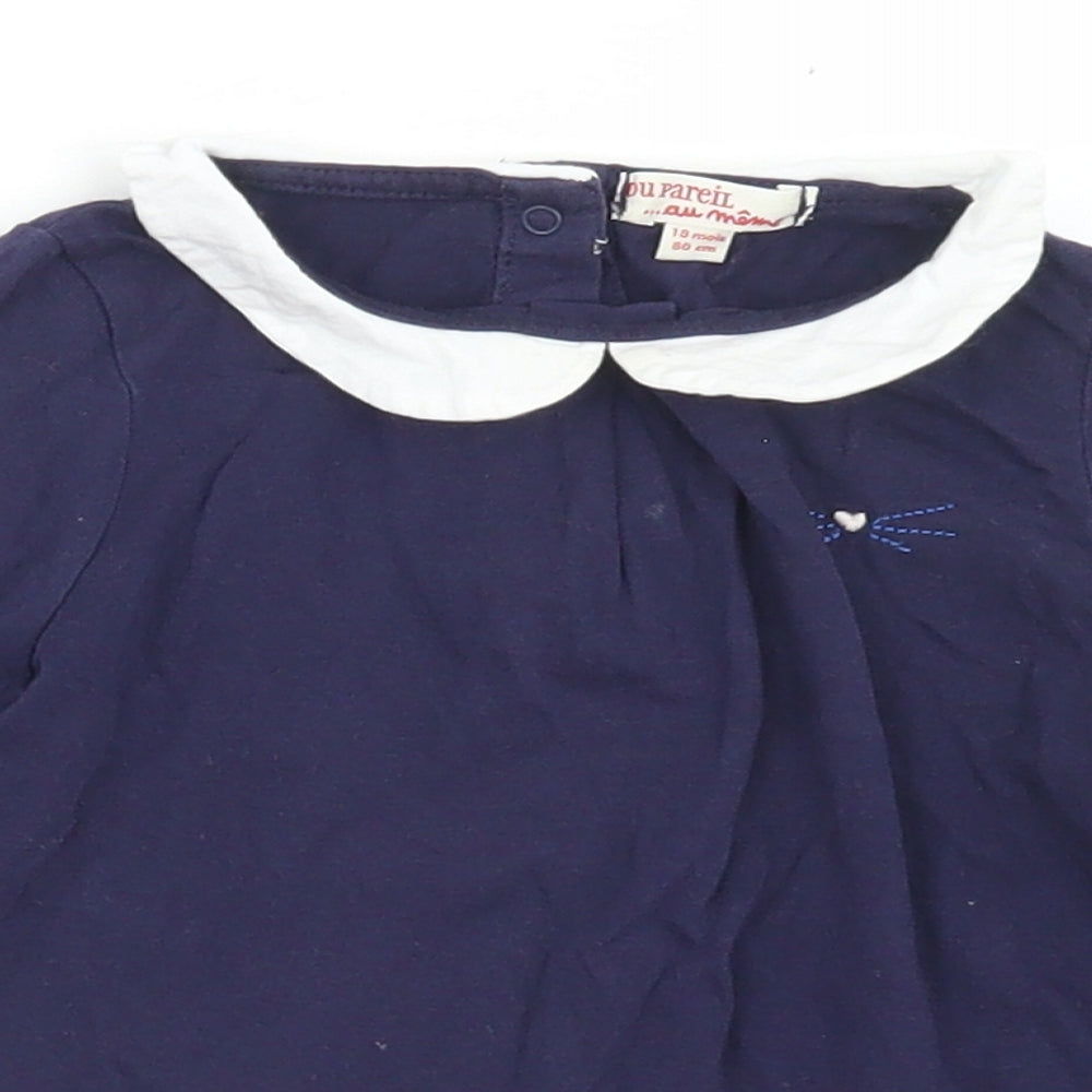 Ou Pareil Girls Blue  Cotton Basic T-Shirt Size 18-24 Months Collared Snap