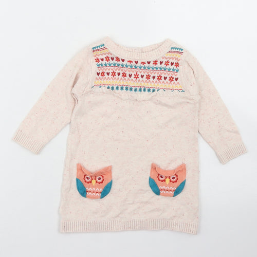M&Co Girls Beige Fair Isle Cotton Jumper Dress  Size 3-6 Months  Crew Neck Button