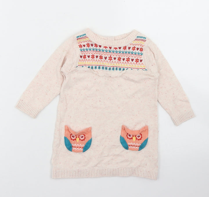 M&Co Girls Beige Fair Isle Cotton Jumper Dress Size 3-6 Months Crew Neck Button