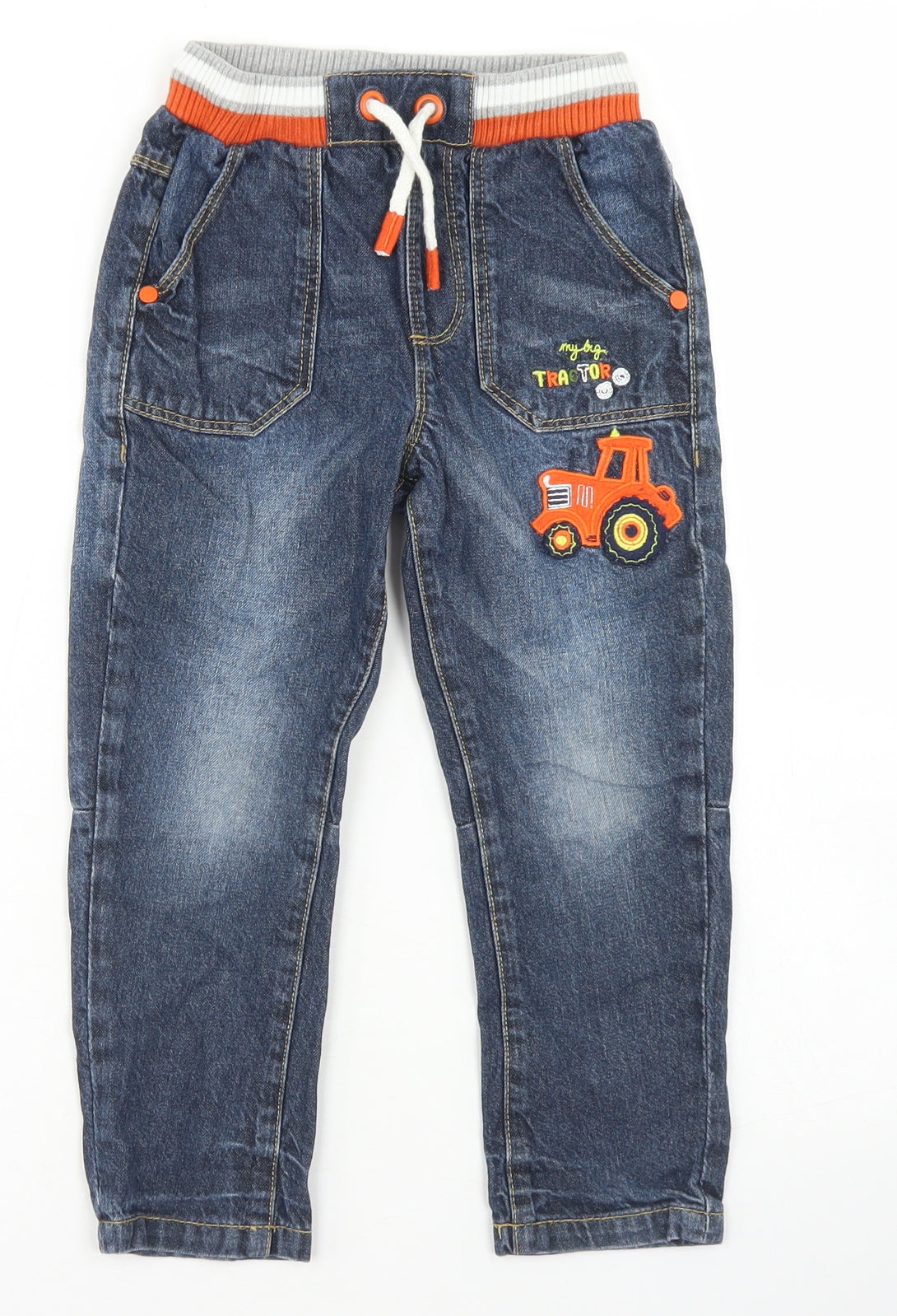 George Boys Blue  Cotton Straight Jeans Size 3-4 Years  Regular Drawstring - Tractors