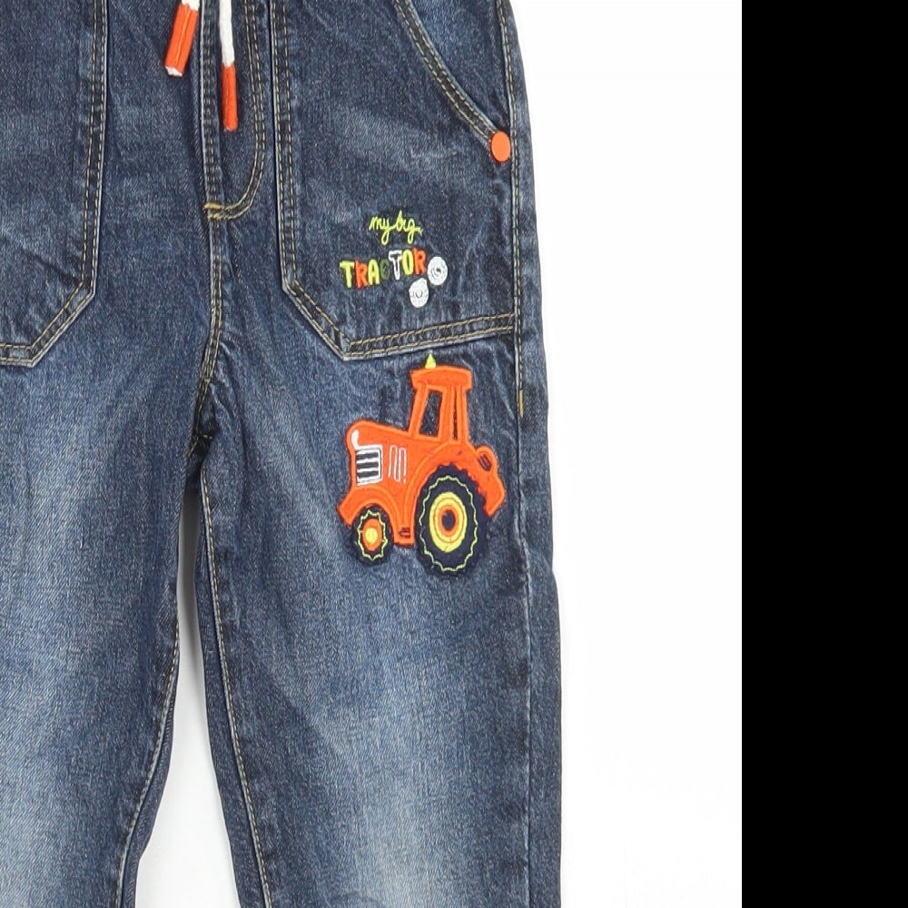 George Boys Blue  Cotton Straight Jeans Size 3-4 Years  Regular Drawstring - Tractors