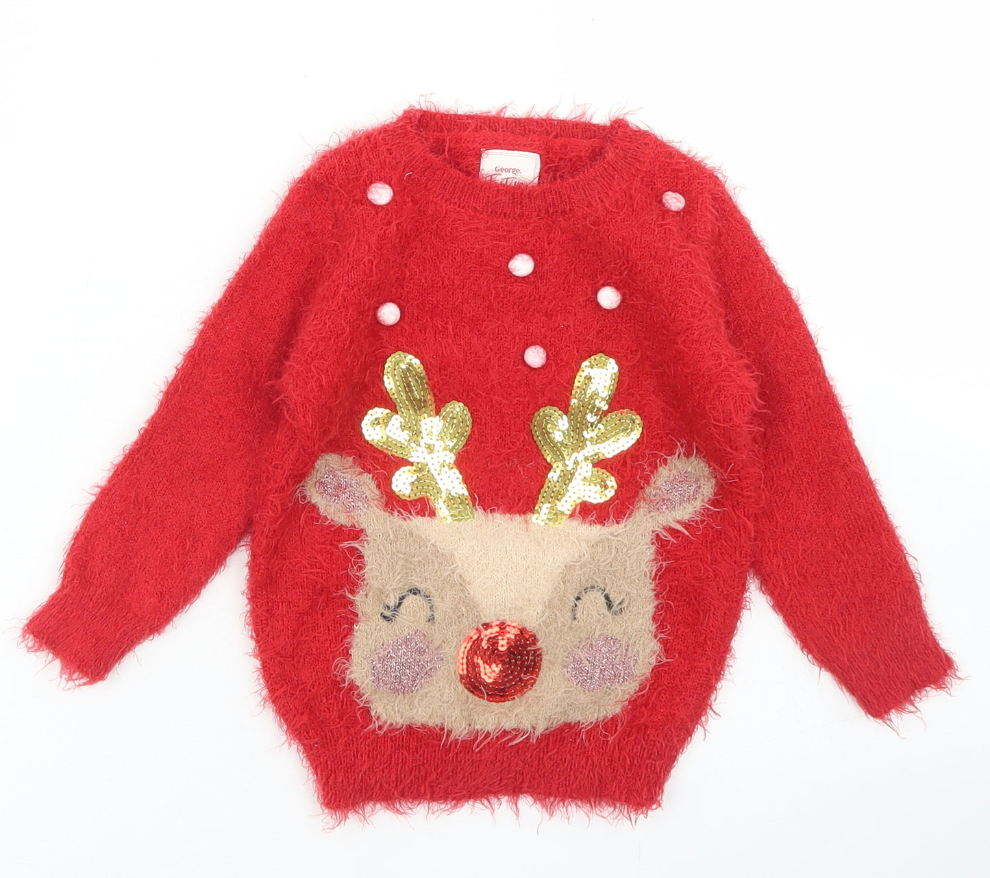 George Girls Red  Polyester Pullover Jumper Size 18-24 Months   - Christmas Reindeer