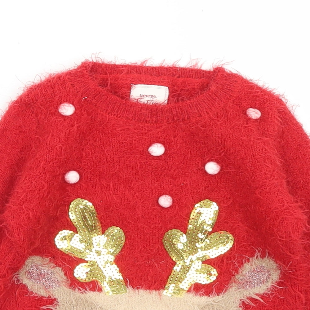 George Girls Red  Polyester Pullover Jumper Size 18-24 Months   - Christmas Reindeer