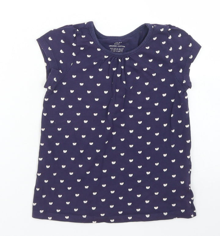 H&M Girls Blue Polka Dot Cotton Basic T-Shirt Size 4-5 Years Crew Neck  - Butterfly Print
