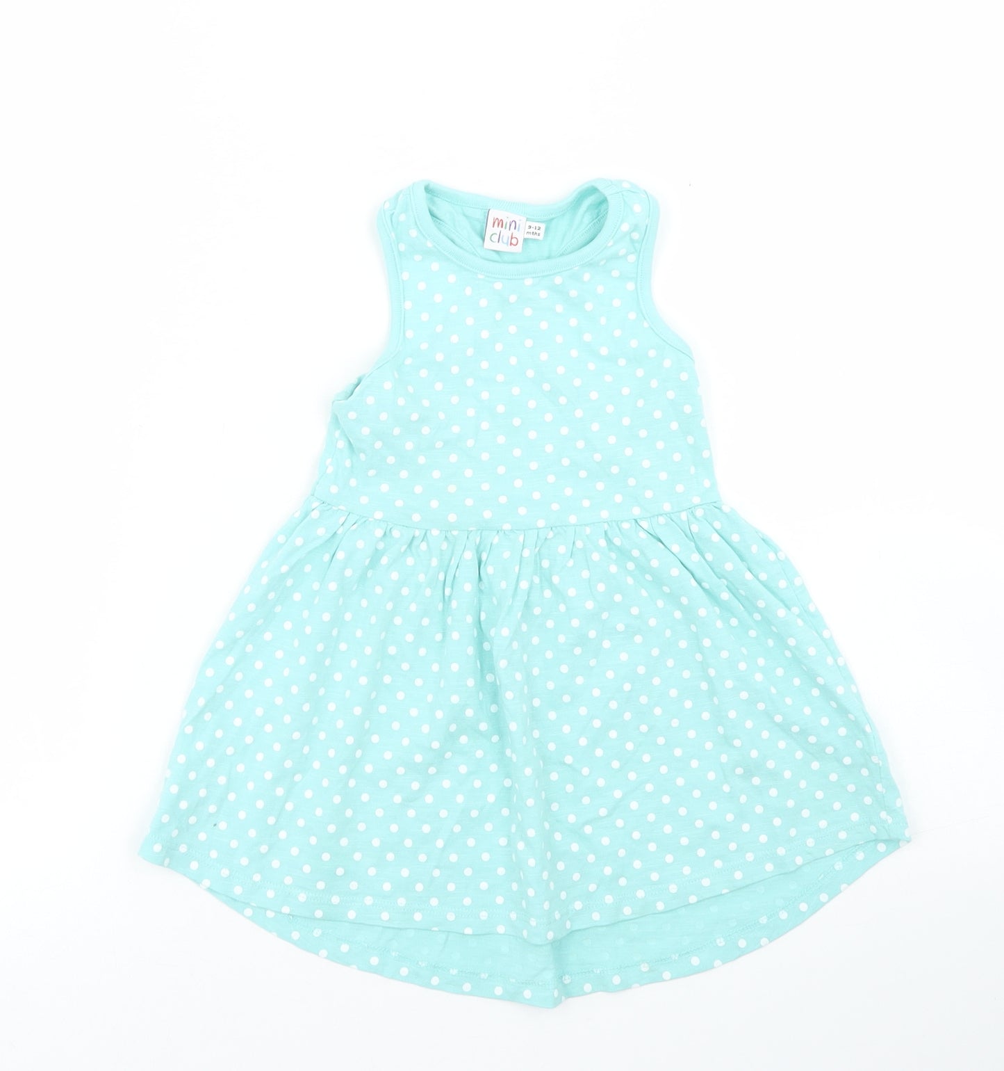 Mini Club Girls Blue Polka Dot Cotton Skater Dress  Size 9-12 Months  Crew Neck