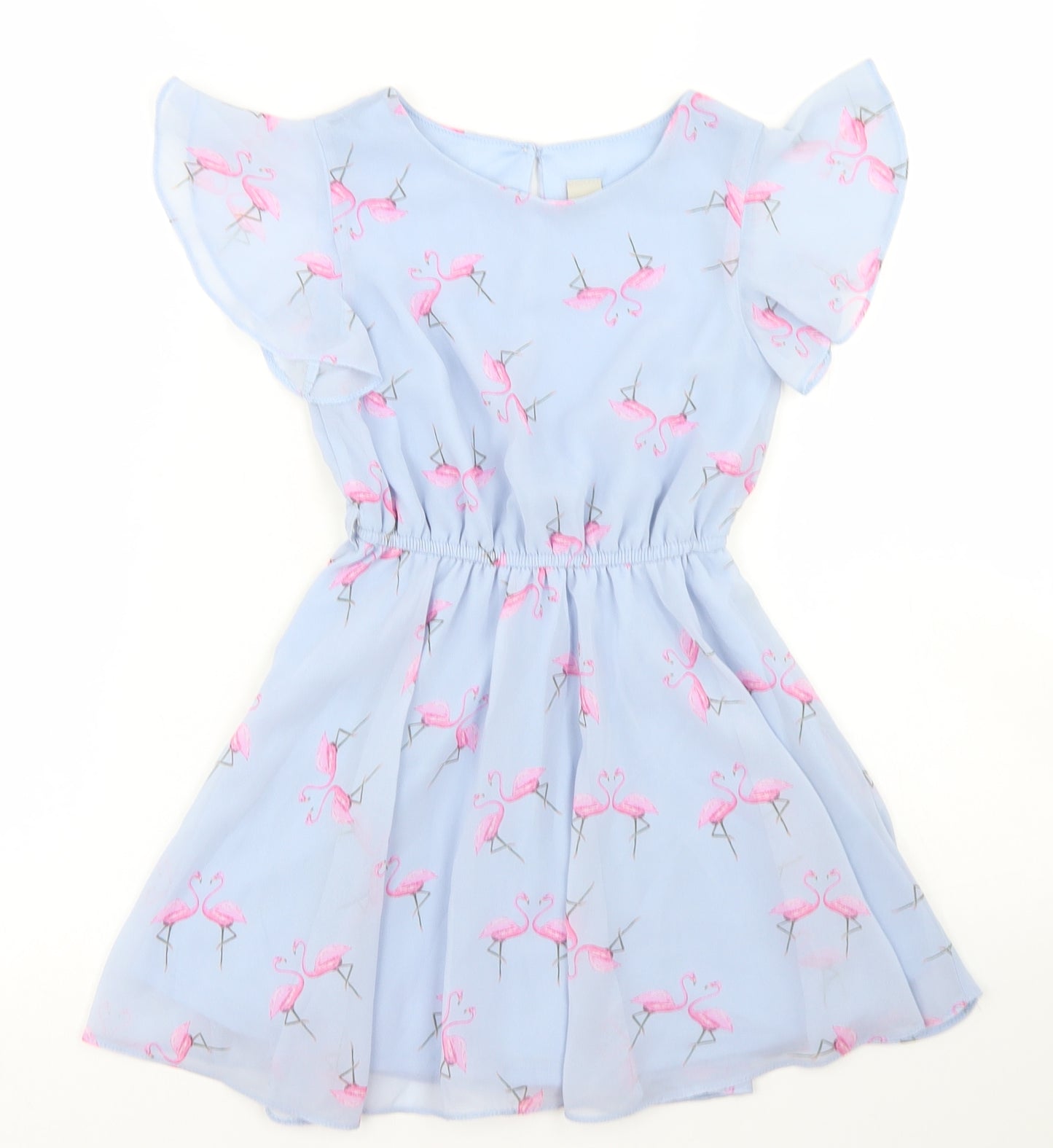 TU Girls Blue Spotted Polyester Skater Dress  Size 5 Years  Crew Neck  - Flamingo print