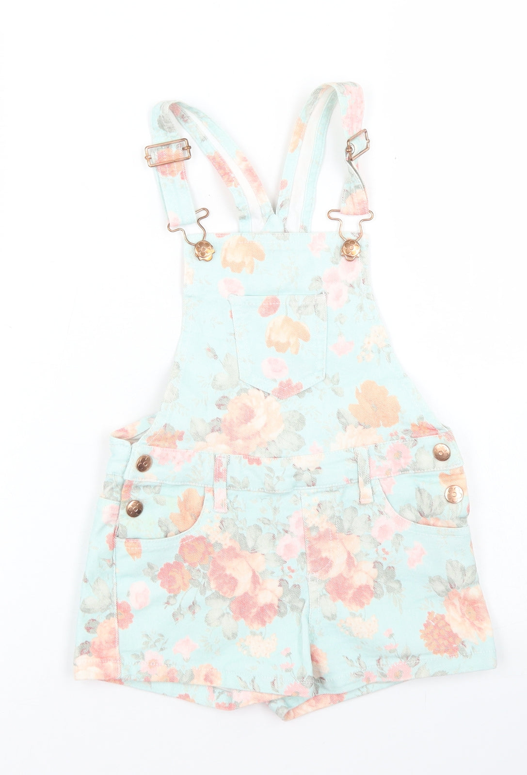 Denim Co Girls Blue Floral Cotton Dungaree One-Piece Size 5-6 Years  Button