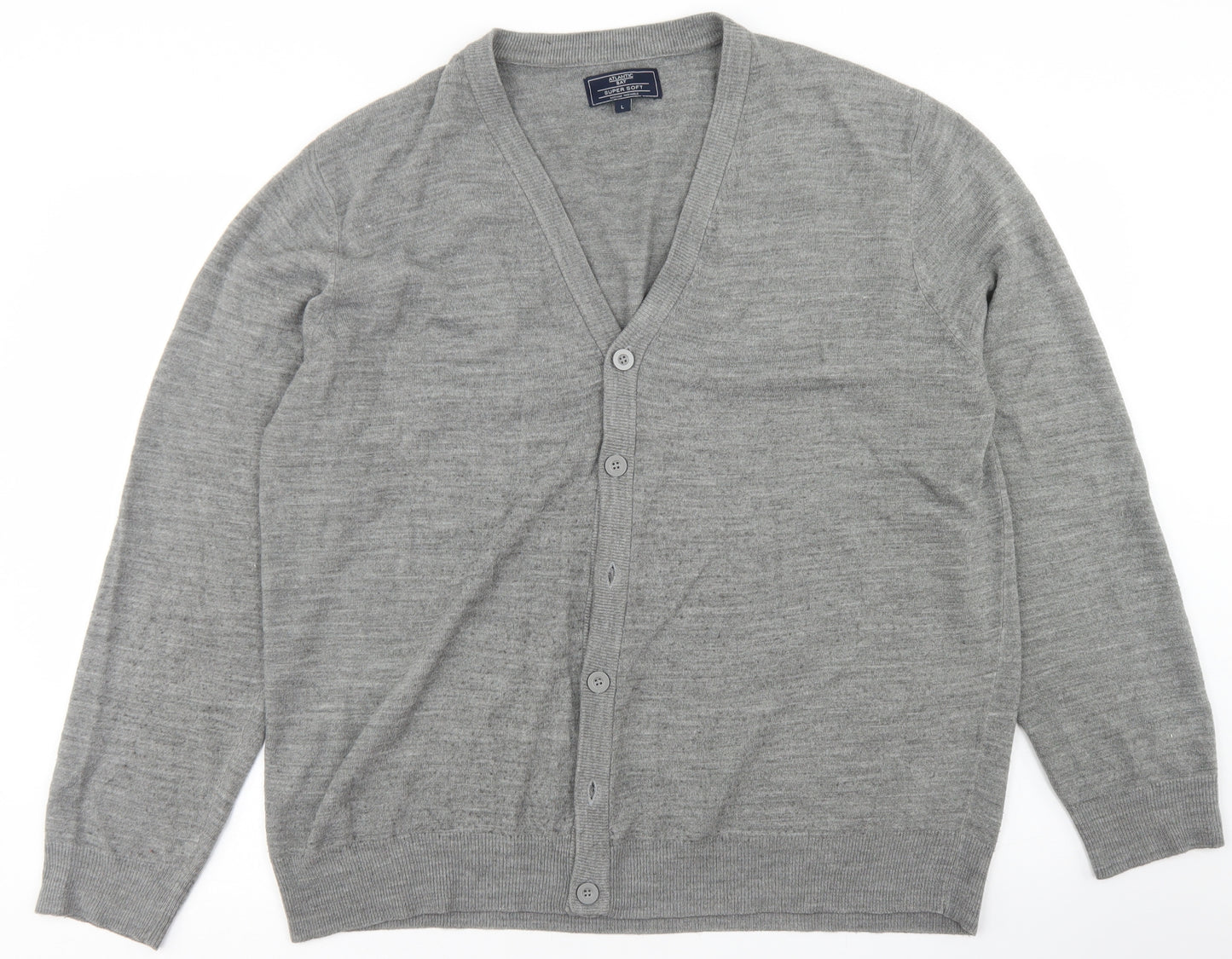 Atlantic Bay Mens Grey V-Neck  Acrylic Cardigan Jumper Size L
