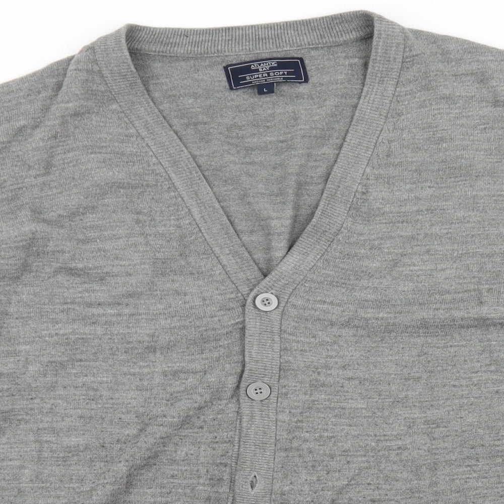 Atlantic Bay Mens Grey V-Neck  Acrylic Cardigan Jumper Size L