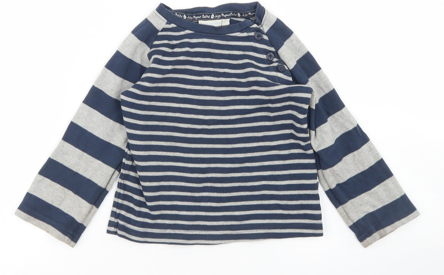 JoJo Maman Bébé Boys Blue Striped Cotton Basic T-Shirt Size 2-3 Years Crew Neck Button