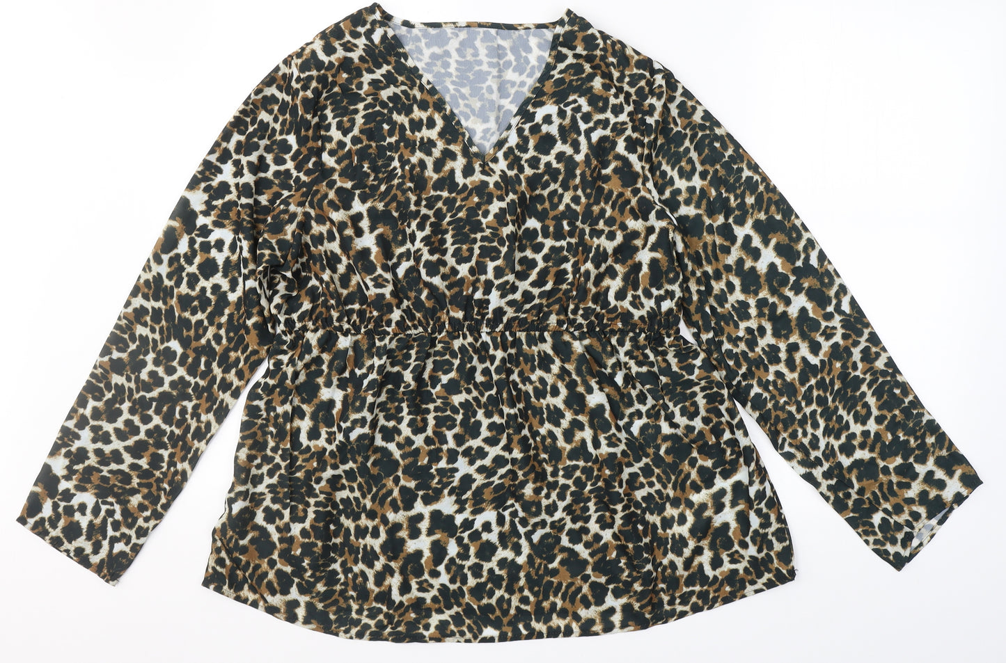 Avon Womens Black Animal Print Polyester Basic Blouse Size 14 V-Neck