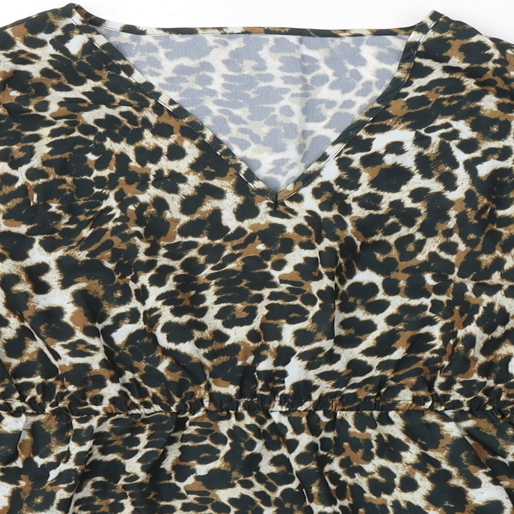 Avon Womens Black Animal Print Polyester Basic Blouse Size 14 V-Neck