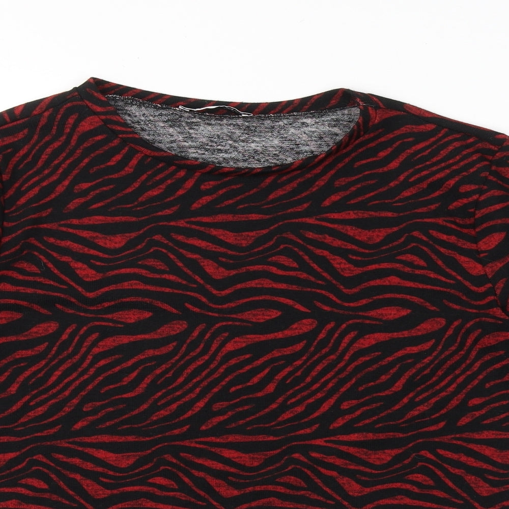 Zara Womens Red Animal Print Polyester Basic Blouse Size M Round Neck